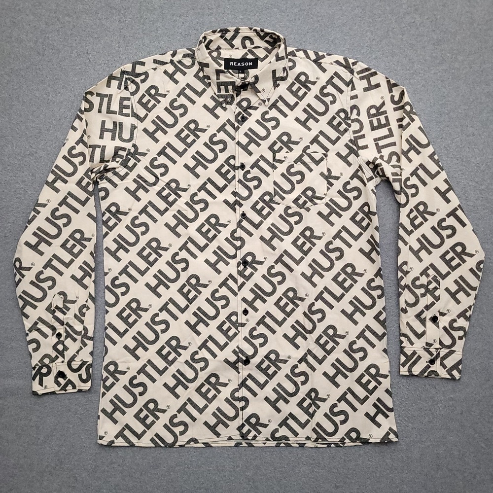 Reason Hustler Button Up Shirt Mens Large Spell Out All Over Print NWT